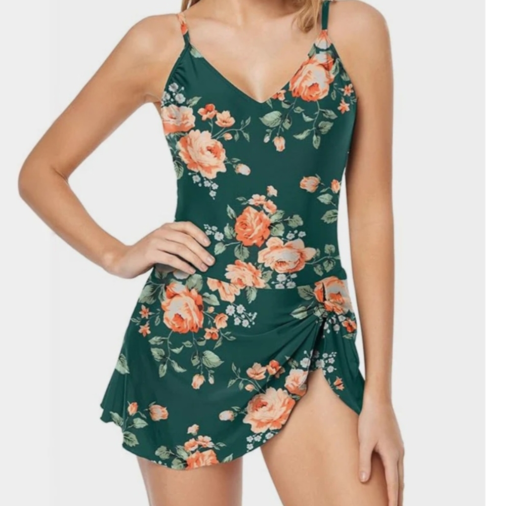 Green and Orange Floral One Piece Swimsuit with Skirted Hem